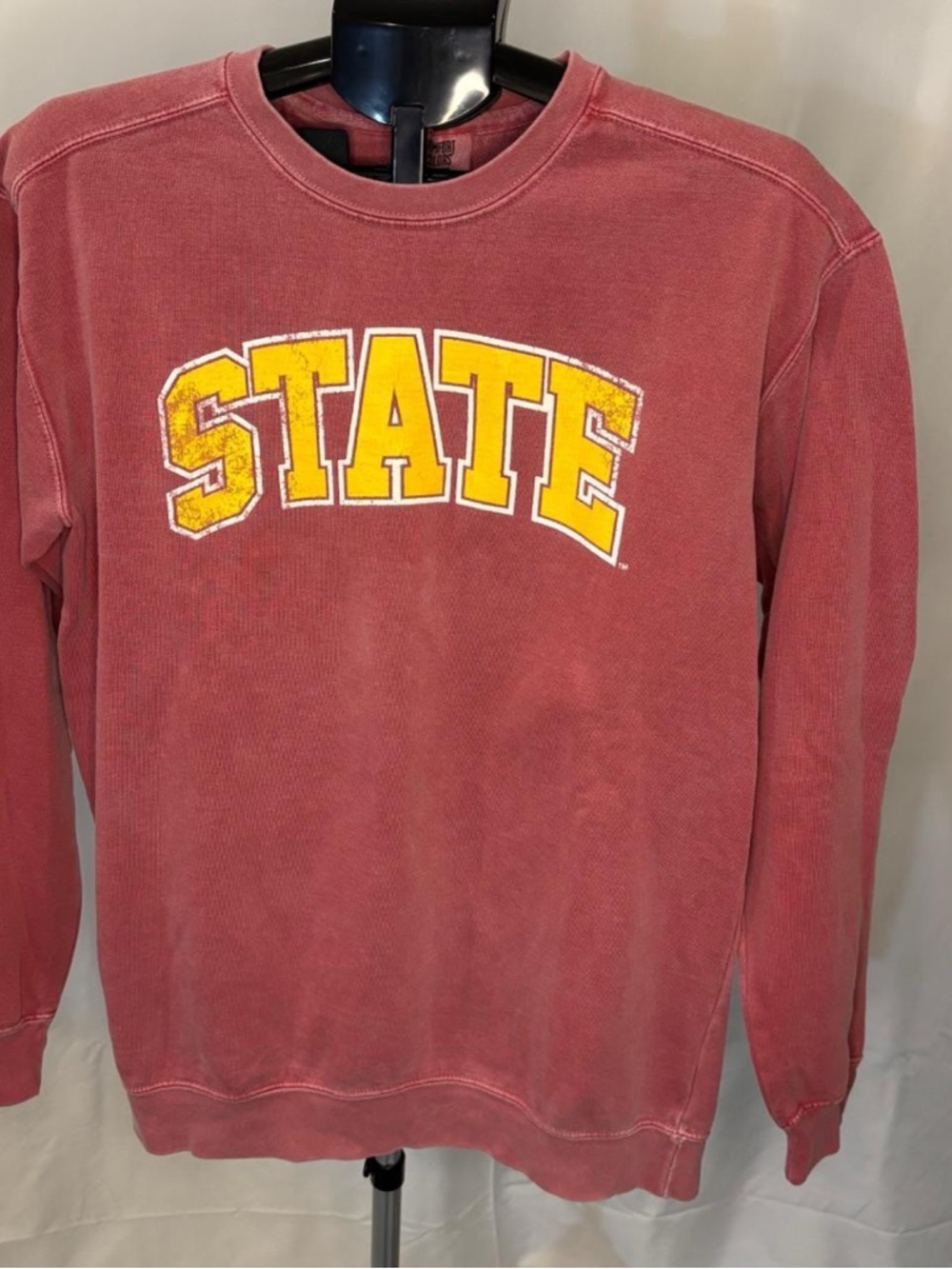 Comfort Colors Washed Red Crewneck with Yellow STATE Graphic